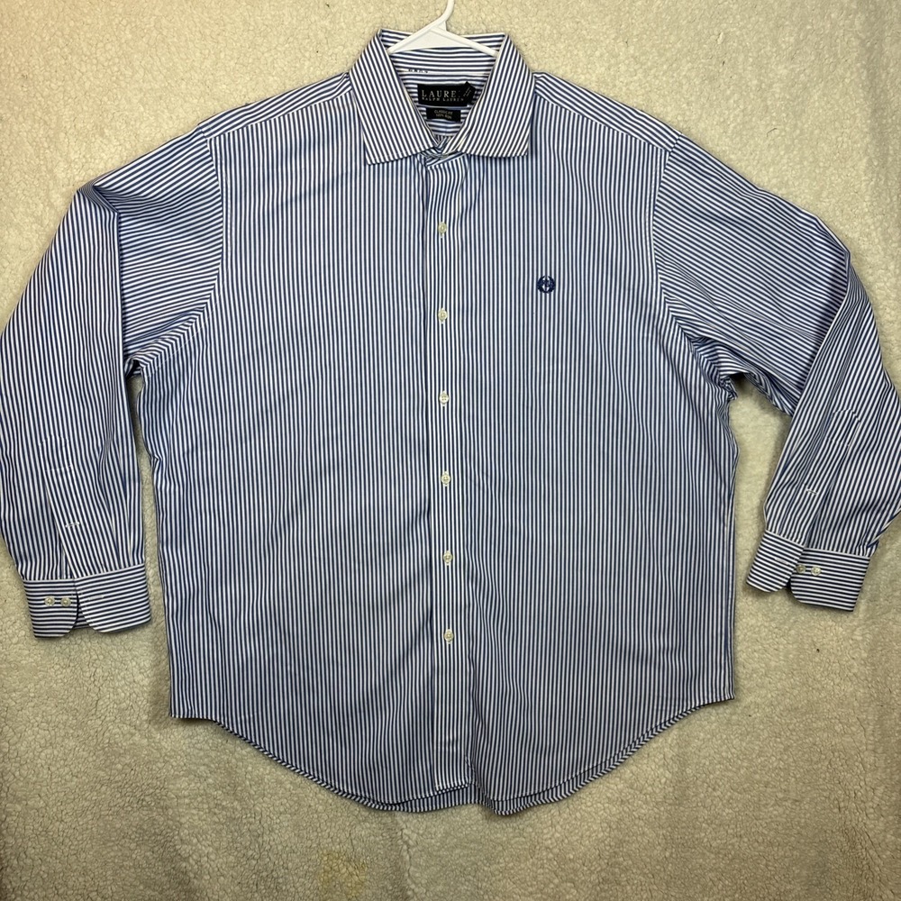 Lauren Ralph Lauren Mens Blue White Striped Non Iron Classic Fit Shirt17.5 34/35